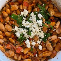 A picture of Giant beans in the oven|plant based & vegan.