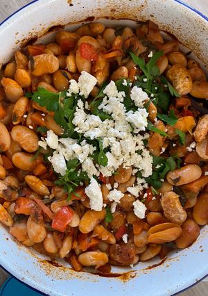 A picture of Giant beans in the oven|plant based & vegan.