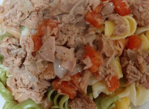 Una foto de Fideos tornillos de colores con atún salteado