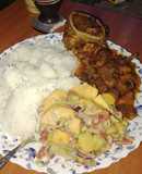 Rice,beef stew and mango salad