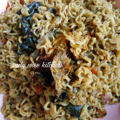 A picture of Indomie with dry fish.