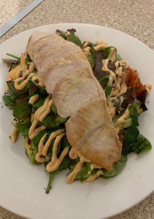A picture of Pan Roasted Chicken with Broccoli & Avocado salad.