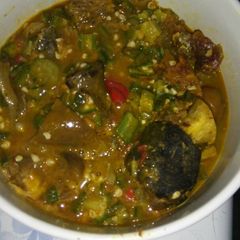 A picture of Okro soup with goat meat.