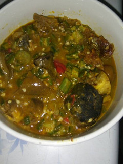 A picture of Okro soup with goat meat.