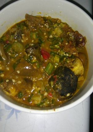 A picture of Okro soup with goat meat.