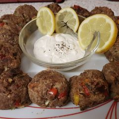 My Sweet Chilli Peppered Meatballs & Lemon Garlic Dip A picture of My Sweet Chilli Peppered Meatballs & Lemon Garlic Dip.