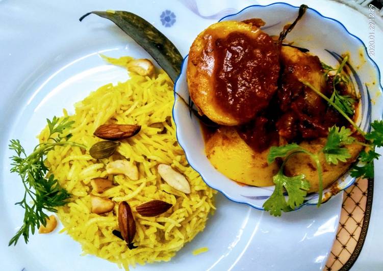 Bengali Style Sweet Basanti Pulao with Alor Dum