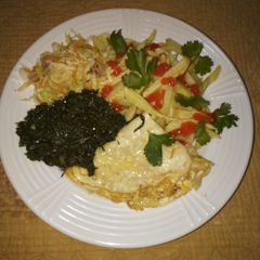 French fries,served with fried eggs accompanied with greens🤤 A picture of French fries,served with fried eggs accompanied with greens🤤.