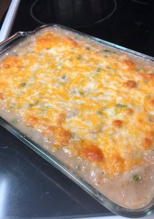 A picture of Chicken and rice casserole, aka leftovers.