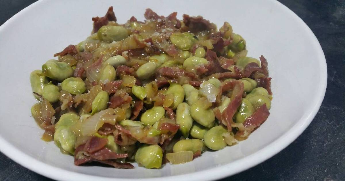 Sherry braised jersey royals with broad beans and serrano ham recipe