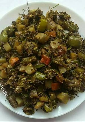 A picture of Neembud potato eggplant fry.