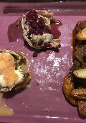 A picture of Monkfish Roast Wrapped in Bacon with Red and White Wine Bordelaise Sauces.