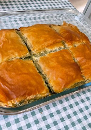 A picture of Spanakopita with Spinach, Salmon, and Feta.