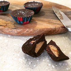 Salted Dark Chocolate Peanut Butter Cups A picture of Salted Dark Chocolate Peanut Butter Cups.