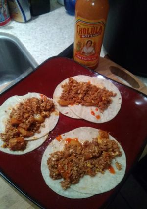 A picture of Chorizo breakfast tacos.