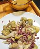 Corazones alcachofa con espárragos, jamón y mostaza y miel