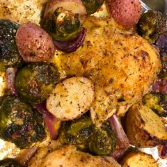 A picture of Easy Sheet Pan Chicken Thighs with Roasted Vegetables.