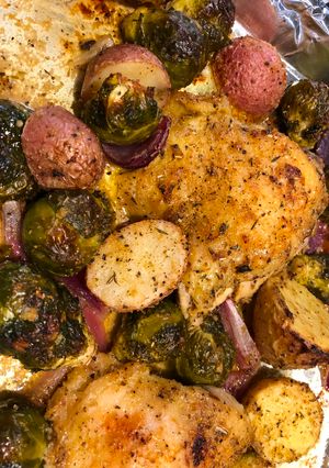 A picture of Easy Sheet Pan Chicken Thighs with Roasted Vegetables.