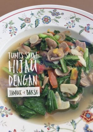 Foto resep Tumis sawi hijau dengan jamur & bakso (menu anak)