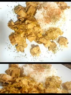 Una foto de Tofu al vermouth, con arroz blanco. #porunmundomejor