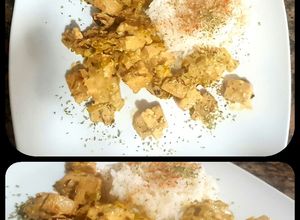 Una foto de Tofu al vermouth, con arroz blanco. #porunmundomejor