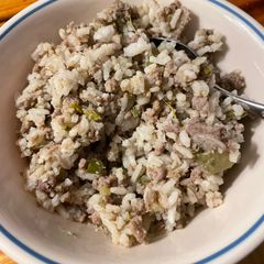 A picture of Rice Dressing—Dirty Rice an ancient, authentic, Cajun recipe from Richard (ree-shard) Louisiana.