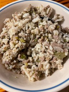 A picture of Rice Dressing—an ancient, authentic, Cajun recipe from Richard (ree-shard) Louisiana.
