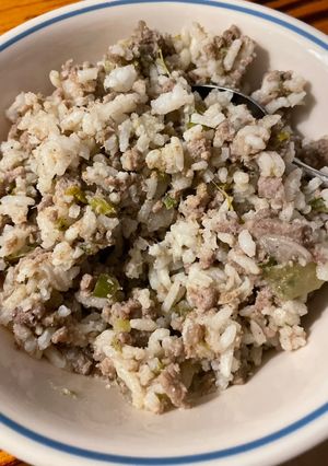 A picture of Rice Dressing—Dirty Rice an ancient, authentic, Cajun recipe from Richard (ree-shard) Louisiana.