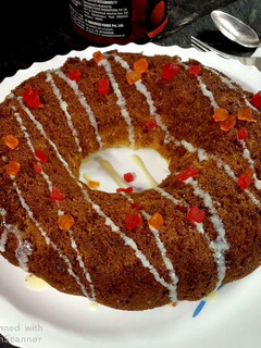 A picture of Hot milk donut tootyfruity cake (eggfree).