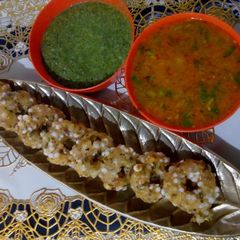 Sabudana vada with spicy gravy aloo A picture of Sabudana vada with spicy gravy aloo.