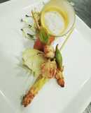Crema de Langostinos, brochette y espuma de coco