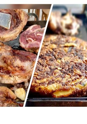 Una foto de Chuletas con Salsa Barbacoa y Tortilla de Papas