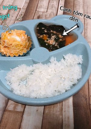 Hình của món Ăn dặm - Thực đơn cơm 10 - Chả tôm trứng bắp ngọt & Canh tôm rau dền.