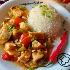 A picture of Kung pao chicken with boiled rice.