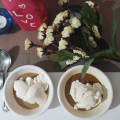 A picture of Coconut Cocoa Pudding with Vanilla Ice cream.