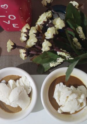 A picture of Coconut Cocoa Pudding with Vanilla Ice cream.
