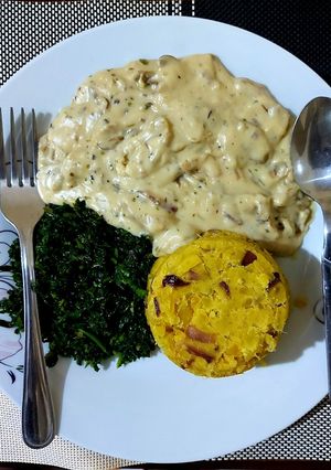 A picture of #MyHeroDish Mashed sweet potatoes with mushroom.