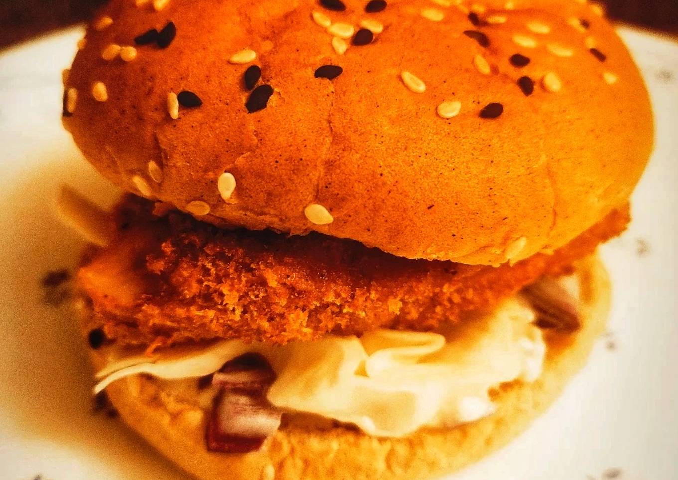 McDonald's style fish fillet burger with spicy tartar sauce