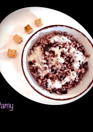 A picture of Barley Risotto with Radicchio, Parmesan Fondue, and Cocoa Powder.
