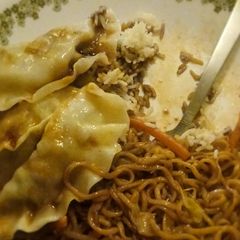 A picture of Chow Mein and Dumplings - Low Effort.