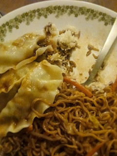 A picture of Chow Mein and Dumplings - Low Effort.