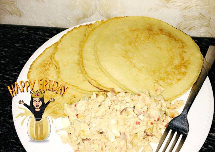 Pancakes with scrambled eggs and sausage