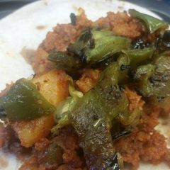 A picture of Chorizo & Potato Tacos w/ Grilled Peppers.