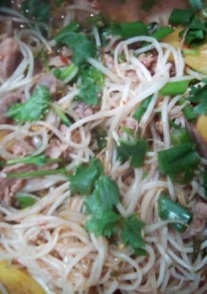 Hình của món Món thịt xào cà chua thơm kèm với giá.