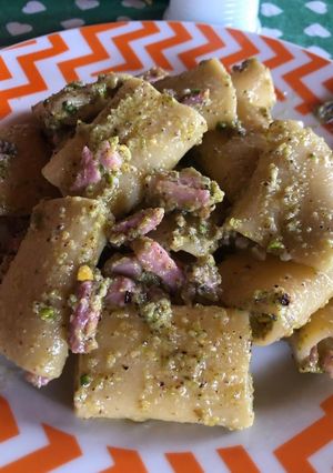 A picture of Paccheri with Pistachio Pesto and Speck.
