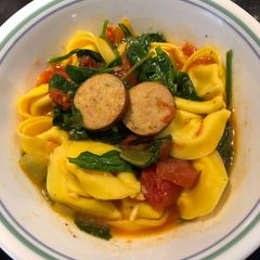 A picture of Spinach Tortellini Soup with Smoked Sausage.