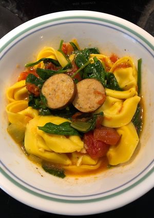 A picture of Spinach Tortellini Soup with Smoked Sausage.