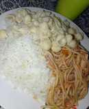Pollito desmechado con espaguetis