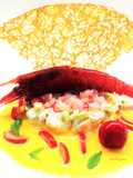 Tartare di gambero di Mazara; burrata con avocado e pistacchi; ciliegie e gazpacho di melone