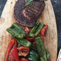 A picture of Beef steak with bell peppers.